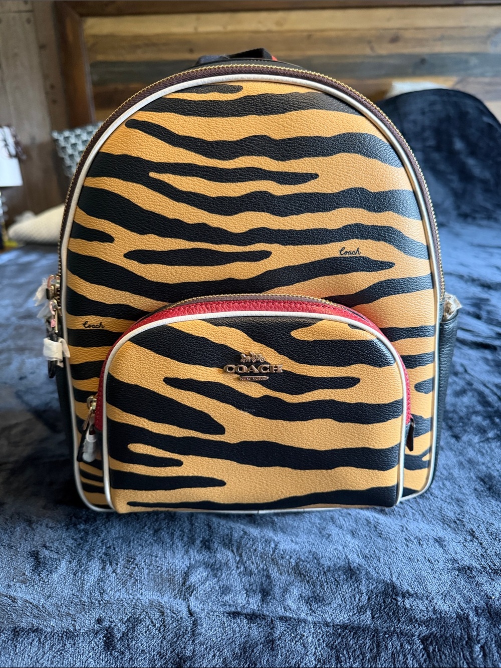 NWT Coach Tiger Stripe Backpack in Tan, Black and Red Trim